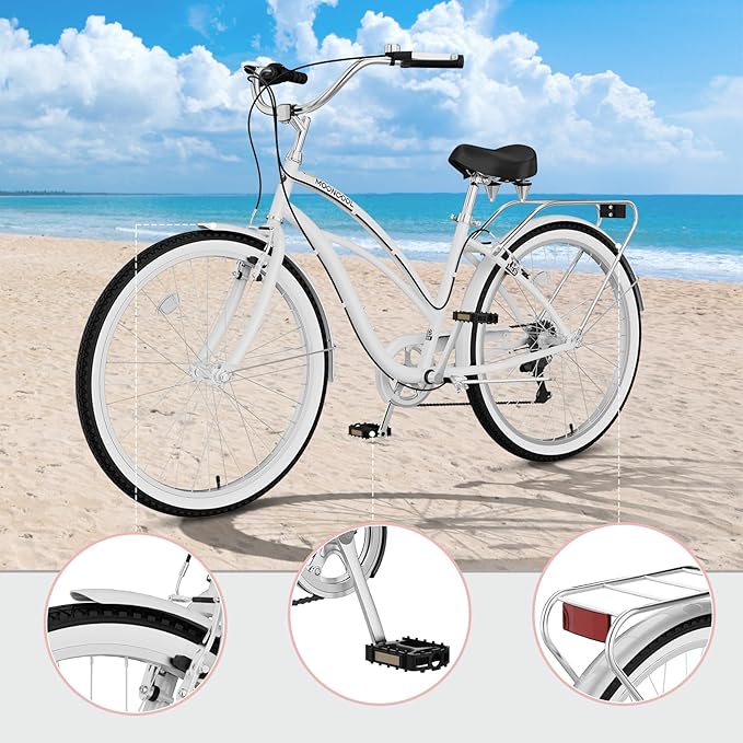 MOPHOTO 24" 26" Adult Bike 7-Speed Beach Cruiser Bike for Adults, Rear Rack, Fenders, Step-Through or Classic Frame