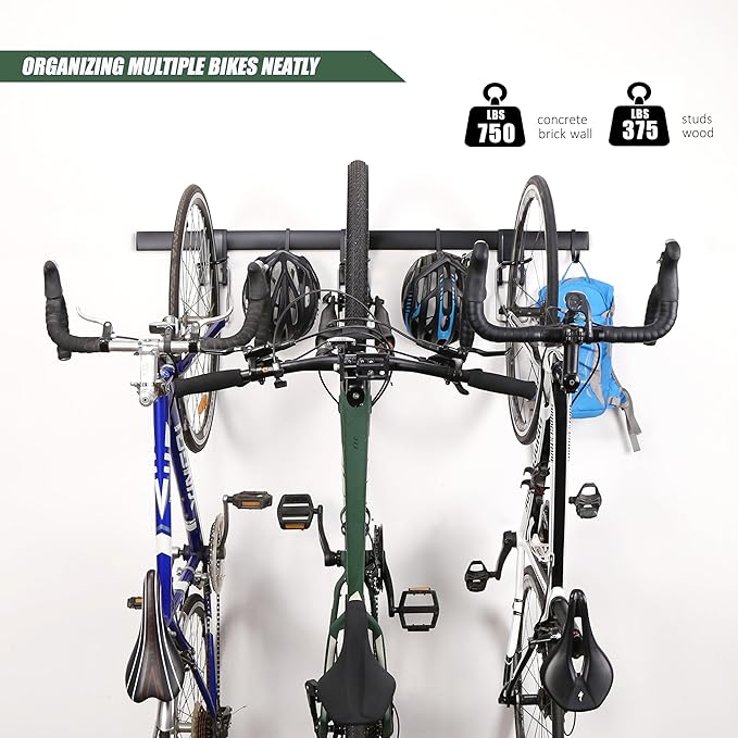 Adjustable Garage Bike Rack 6 hooks– Heavy-Duty Vertical Wall Mount Storage for 3 Bikes & 3 Helmets, Space-Saving Design, 750 lbs Weight Capacity