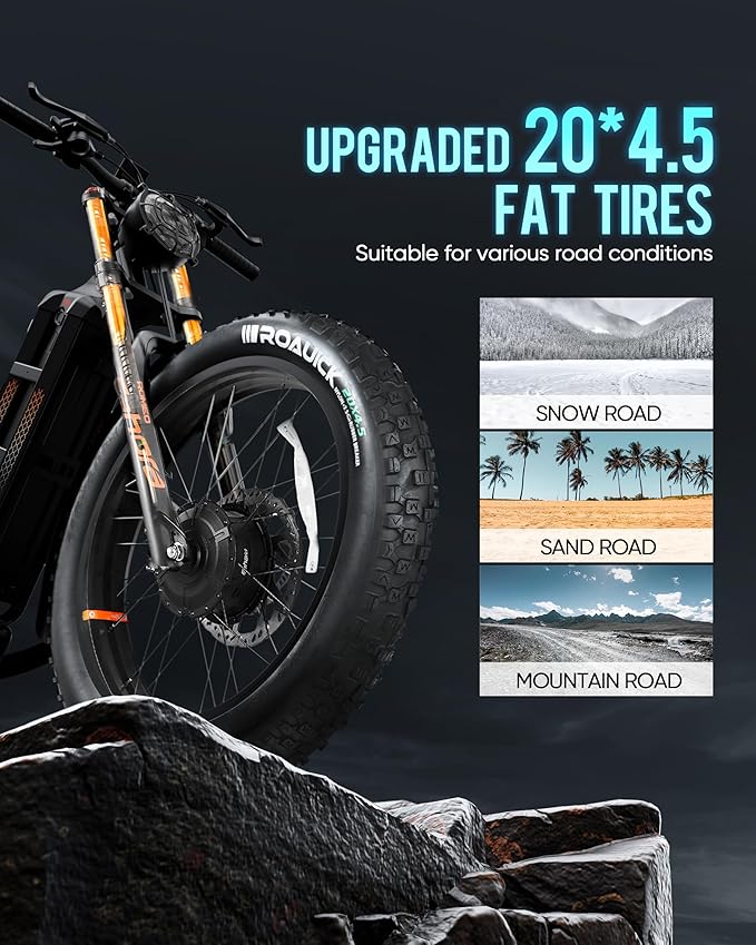 eAhora Romeo Pro 3/2 [2026] 46-50 Mph Electric Bike for Adults, Peak 5600W Dual Motor Ebike, 60V/52V 80Ah/70Ah 250 Miles Long Range E Bike, 26”*4.0 Fat Tire Air Full Suspension Off-Road E-Bike
