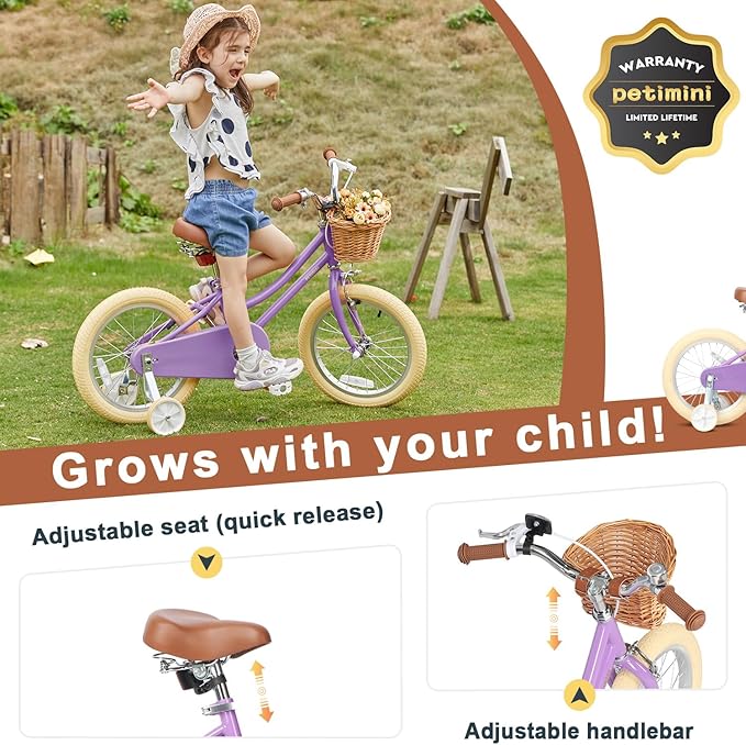 Petimini Vintage Kids Bike for Girls, 12–20 Inch Classic Bicycle with Wicker Basket & Bell, High Tensile Steel Frame, Training Wheels (12–18”), 85% Pre-Assembled, Retro Bike for Outdoor Riding