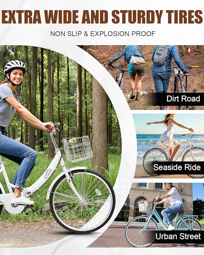 24/26 Inch Foldable Bike Folding Bicycle, 7 Speed Beach Cruiser Bike with Lock, Comfort Back Seat, Foldable Basket & Ergonomic Upright Frame, Cruiser Bicycle for Adults