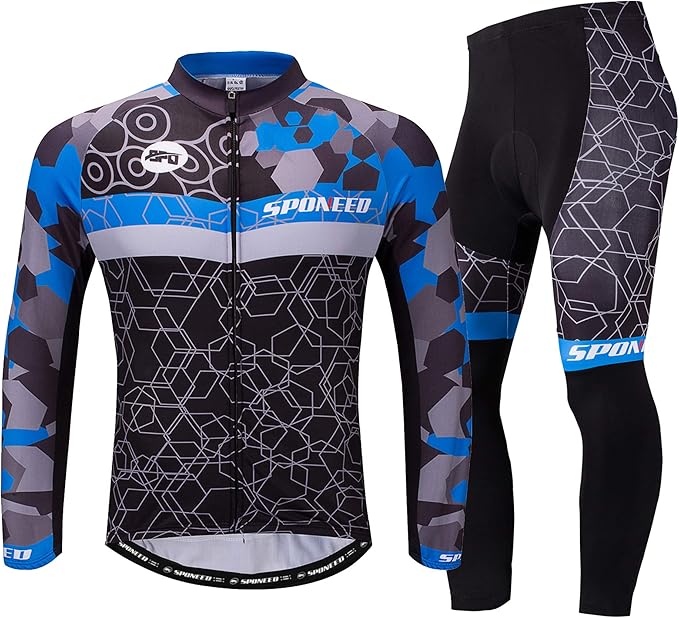 sponeed Cycling Clothes for Men Long Sleeve Mountain Bike Road Bicycle Shirt Jerseys Padded Pants Biking Outfits