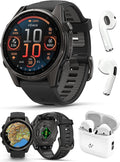 PlayBetter Garmin Fenix 8 AMOLED Sapphire (43mm, Carbon Gray DLC Titanium) Multisport GPS Smartwatch Bundle - 1.3” Touchscreen, Built-in LED Flashlight Wireless Running Earbuds