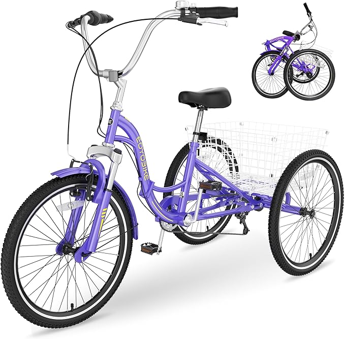 Slsy Adult Folding Tricycles, 7 Speed Folding Adult Trikes, 20 24 26 Inch 3 Wheel Bikes with Low Step-Through, Foldable Tricycle for Adults, Women, Men, Seniors