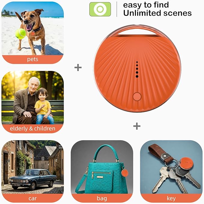 MoMoCo GPS Tracker – iOS Only No Subscription Required, Portable Real-Time GPS Tracking Device for Dogs,Compatible with Apple Find My, Location Tracker for Vehicles/Keys/Luggage (Orange+Black)