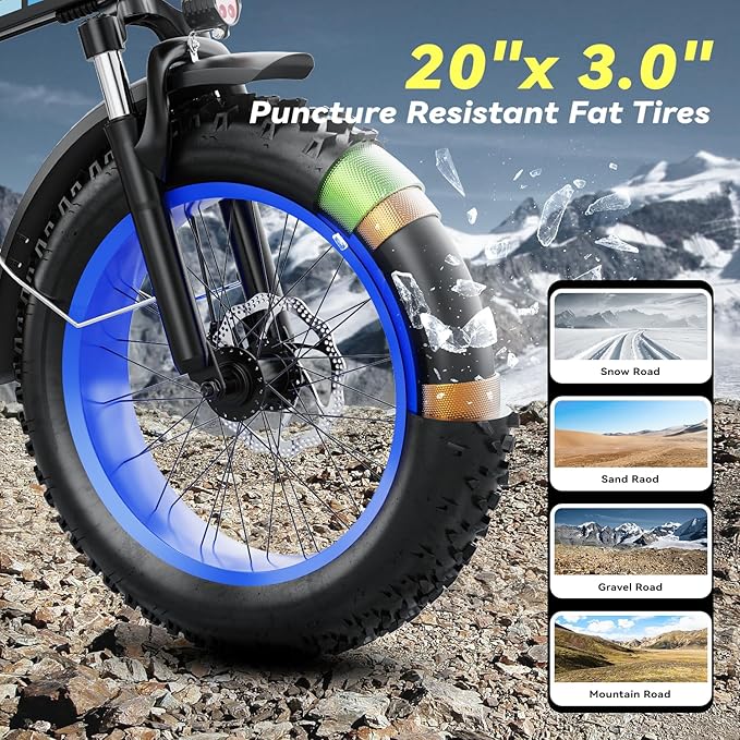 Foldable Electric Bike for Adults, 30+MPH, 48V 20Ah Removable Lithium Battery up to 80Miles, 20" Fat Tire 1000W Peak Motor Dirt Ebike Adult Electric Bicycle for Beach Mountain E Bike Blue Black