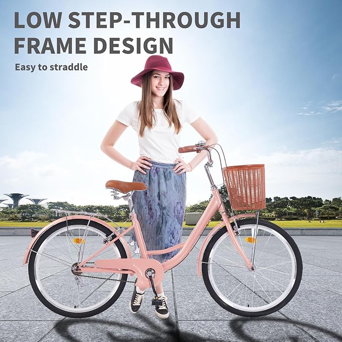 Hybrid Bikes for Women, 24/26 inch Adult Bicycles Lightweight Hi-Ten Steel Frame Road Bike Single Speed with Rear Rack and Basket, Commuter City Bike, Comfort Lady Bicycle, Vintage Adult Bike
