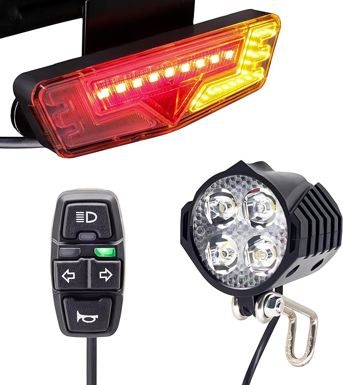 EBike Light Kit with Turn Signals, Front Headlight 400 Lumens, Rear Taillight fits Rack Holes 80mm, Handlebar Control Switch, for E-Bike and Electric Scooter 12V-48V