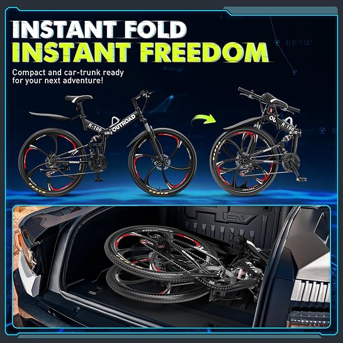 26 Inch Folding Mountain Bike, 21 Speed Full Suspension Bicycle Dual Disc Brake Non-Slip Quick Release tire for Adults Men Women(Balck/Pink/Green/Orange/White/Purple)