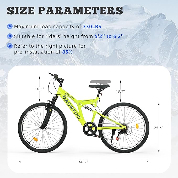 26 inch Mountain Bike Dual Full Suspension, Outdoor Hybrid Bikes,7-Speed/High-Carbon Steel, for Men Women Adult, MTB Bicycle with Suspension Fork,Sleek Colors