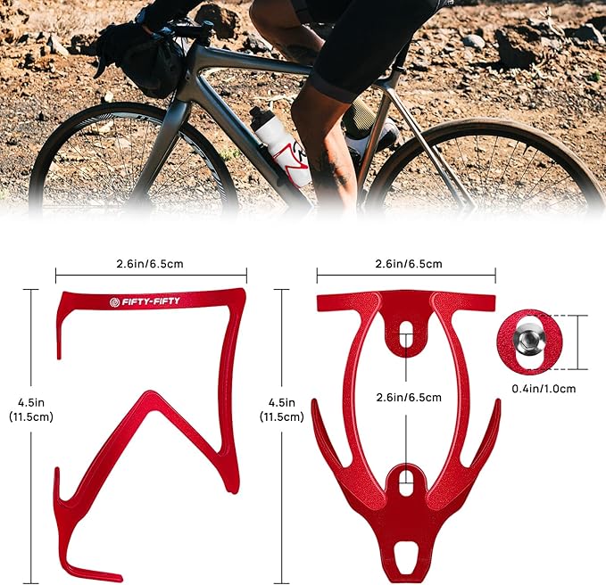 FIFTY-FIFTY Bike Water Bottle Holder, Aluminum Alloy Water Bottle Cage, Lightweight Bicycle Cup Holder Rack with Screws Tool, Universal Bicycle Drink Cage for MTB, Road Bike (Red)