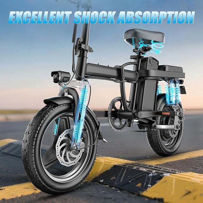 AZHAR Foldable Electric Bike for Adults Teens, 1200W Peak Motor, Up to 25 MPH, 45 Miles PAS Range, Dual Suspension, 14” Tires, 3-Speed Modes, Compact & Portable Electric Mini Bike, Commuting Ebike