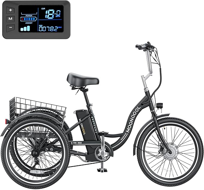 MOONCOOL MONCOOL Adult Electric Tricycle, 350W Front Drive Motor (Peak 700W), 15.5MPH E-Trike with Removable 36V 14.5Ah Battery, 60 Miles Range, 24/26 Inch 7-Speed 3 Wheel Electric Bike, Large Basket