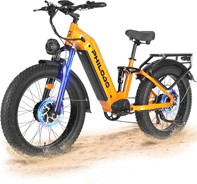 PHILODO Electric-Bike for Adults, Dual-Motor-Ebike Hunting-Ebike 5000W, 60V 32AH Long Range Dirtbike, Fat-Tire-Electric-Bicycle, Full Suspension for Off-Road Snow Sand