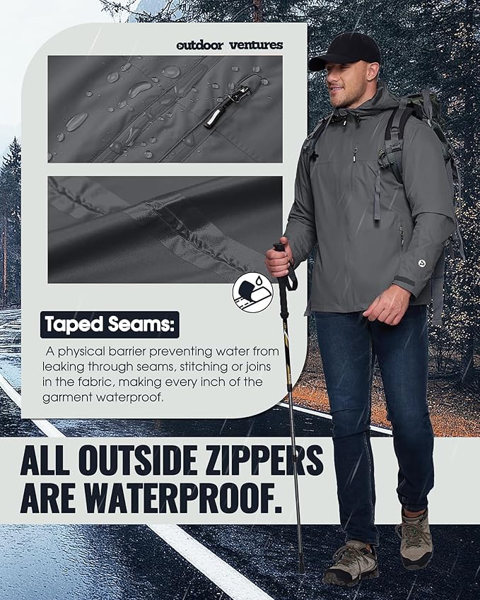 Outdoor Ventures Men's Packable Rain Jacket Waterproof Lightweight Raincoat with Hood Windproof Cycling Jackets