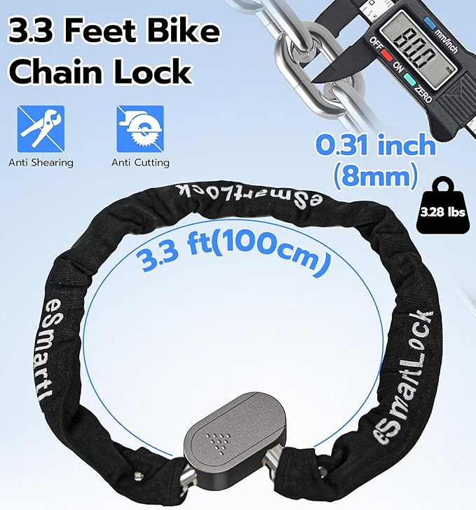 Anweller Fingerprint Bike Chain Lock, Heavy Duty Anti-Theft Weatherproof Bluetooth App Smart Lock for Bicycle, Motorcycle, Scooter, Moped, Outdoor Fence, Gate, Snowboard, Ski (0.31" Bold, 3.3' Long)