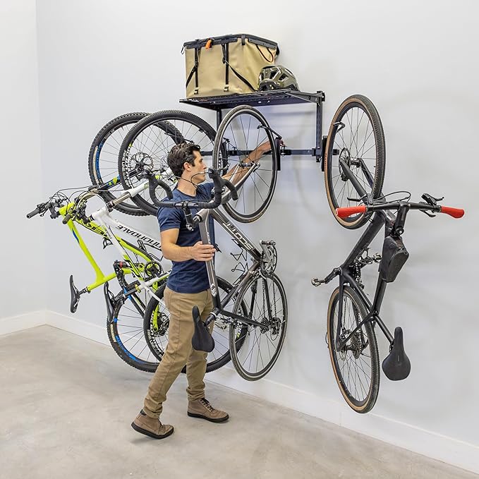 Teal Triangle G-Swivel Wall Mount Bike Rack for Garage - Premium Bicycle Stand & Hanger with Shelf - Adjustable Bike Hanger for Garage with Rotating Hooks - Indoor Bicycle Rack System for 4 Bikes
