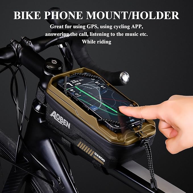 Aoben Bike Bicycle Phone Front Frame Bag for Mountain Bike Road Bike, EVA Hard Casing Bike Phone Holder Bike Phone Mount for MTB, Bike Bicycle Accessories for Cell Phone Under 6.8 Inches (Tan)