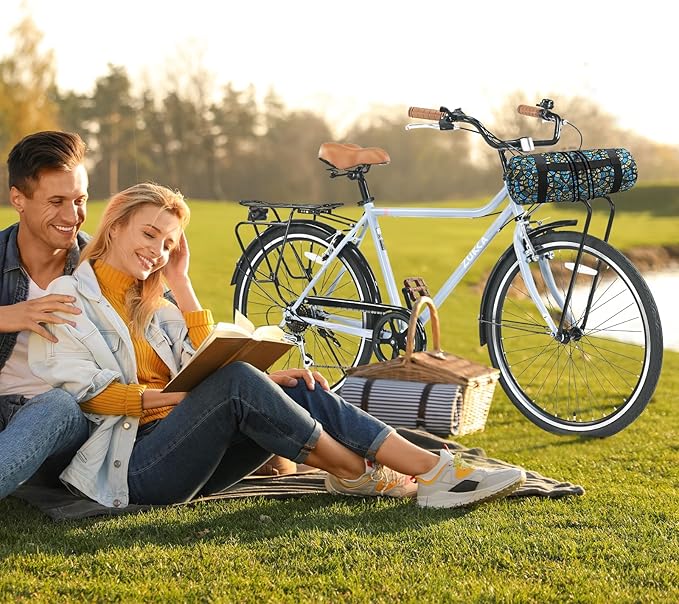 Vintage Style 26 Inch Adult Cruiser Bicycle Hybrid Bike 7 Speeds Commuter Bike for Women, Men, Seniors, SHMANO Shifter and derailleur Step-Over Steel Frame,Double Cargo Rack，4 Colors