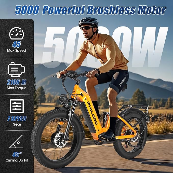 PHILODO Electric-Bike for Adults, Dual-Motor-Ebike Hunting-Ebike 5000W, 60V 32AH Long Range Dirtbike, Fat-Tire-Electric-Bicycle, Full Suspension for Off-Road Snow Sand