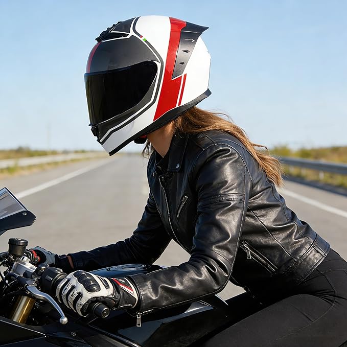 Full Face Motorcycle Helmet,Helmets for Adults Motorcycle, MG611 Motorbike Racing Street Bike Helmets with Black Visor for Men Women,DOT Approved (Glossy Red Gray Lines, L)