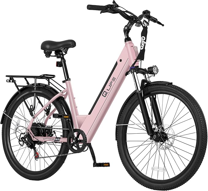 Qlife Cityone 2.0 Electric Bike for Adults,Up to 65Miles,28MPH,1200W Peak Motor 26" Ebike,499WH Certified Battery Electric Commuter Bicycle with Front Suspension & 7-Speed Ebikes