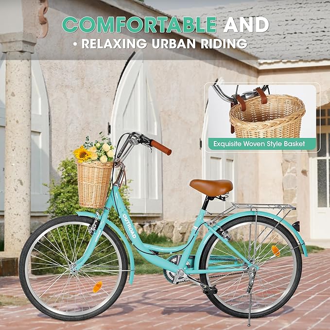 Outroad Comfort Bike for Women, 24/26 Inch Commuter Bicycle for Adult Men and Women, High-Carbon Steel Comfortable City Bikes with Rear Rack or Basket