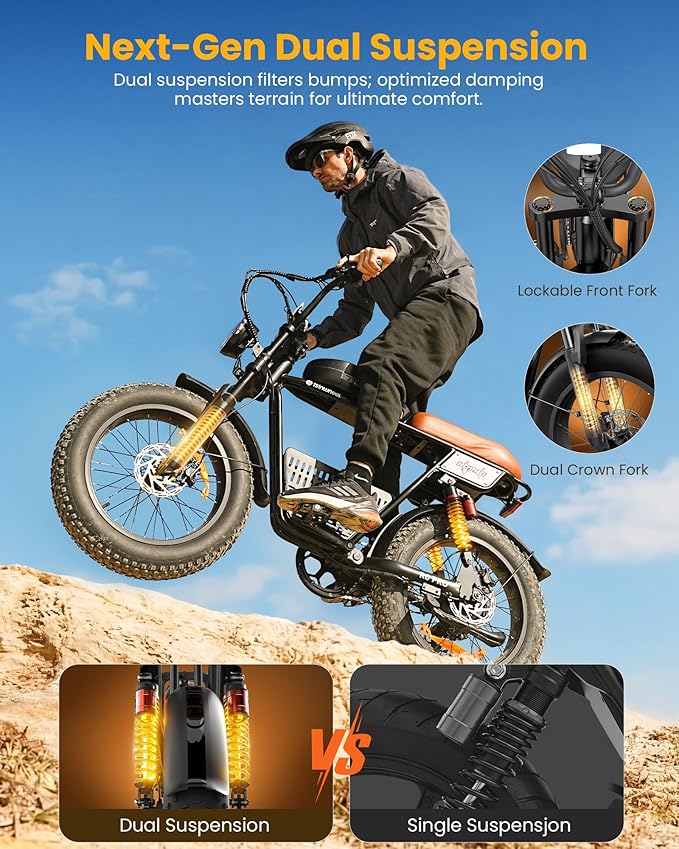 isinwheel Electric Bike Adults 750/1500W Ebike 20/28MPH, 55-75 Miles Electric Motorcycle with 10.4/13AH Battery, 20" Fat Tire Electric Dirt Bike 7-Speed E-Bike Full Suspension, R/L Turn Headlight
