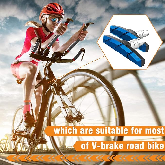 Alritz Bike Brake Pads Set, 4 Pairs Road Mountain Bicycle V-Brake Blocks Shoes with Hex Nut and Shims, No Noise No Skid, 70mm