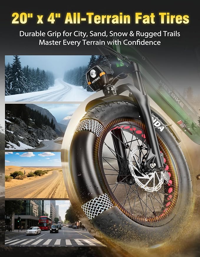 Heybike Ranger 20"x4.0" Fat Tire Folding Electric Bike for Adults, 1200W/1800W Peak Motor, 28/32MPH, up to 55/90 Miles Range, UL2849 Certified Removable Battery for Commute Beach Mountain Snow E Bike