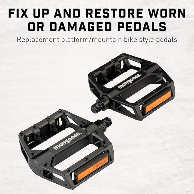 Mongoose Mountain Bike Pedals, Black or Blue, Set of 2, Lightweight and Durable Alloy Stands Up to Tough Riding, with Reflectors, Fits 1/2" or 9/16" Cranks, Easy Installation, Replacement Bike Pedals