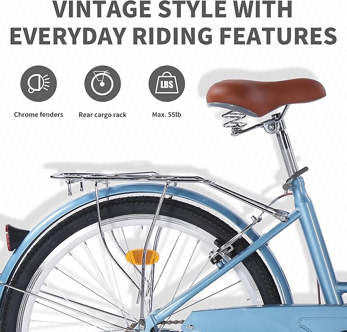 24/26in Beach Cruiser Bike for Women, Adults Bicycle Single Speed, Bicycle for Women with Basket & Steel Rack, Women's Bike for Commuting, Step Through City Bike for Adults