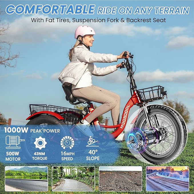 MOONCOOL 1000W 4" Fat Tire Electric Tricycle for Adults, 48V 14.5Ah All-Terrain Aluminum 20" E-Trike, Front Suspension, 7-Speed, 400lbs Max Payload
