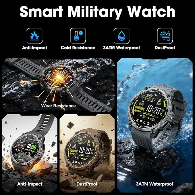 Military Smart Watch for Men with GPS, 1.43" AMOLED Bluetooth Call, LED Flashlight, Rugged Tactical Watch for Android iOS, 3ATM Waterproof Fitness Tracker with Heart Rate Pedometer (Black)