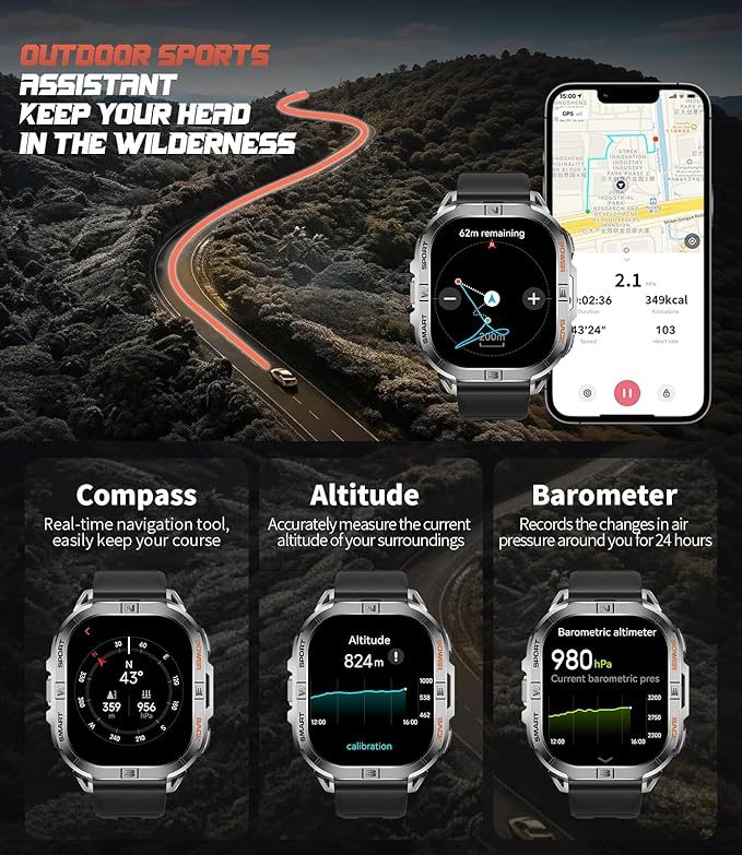 LIGE DM6 GPS Smart Watch for Men, 2.13'' AMOLED HD Smartwatch, 170+ Sport Modes/LED Flashlight/Compass/IP68 Waterproof Fitness Tracker, Sleep/Pedometer Mens Smart Watches for Android iOS, Black-Gray