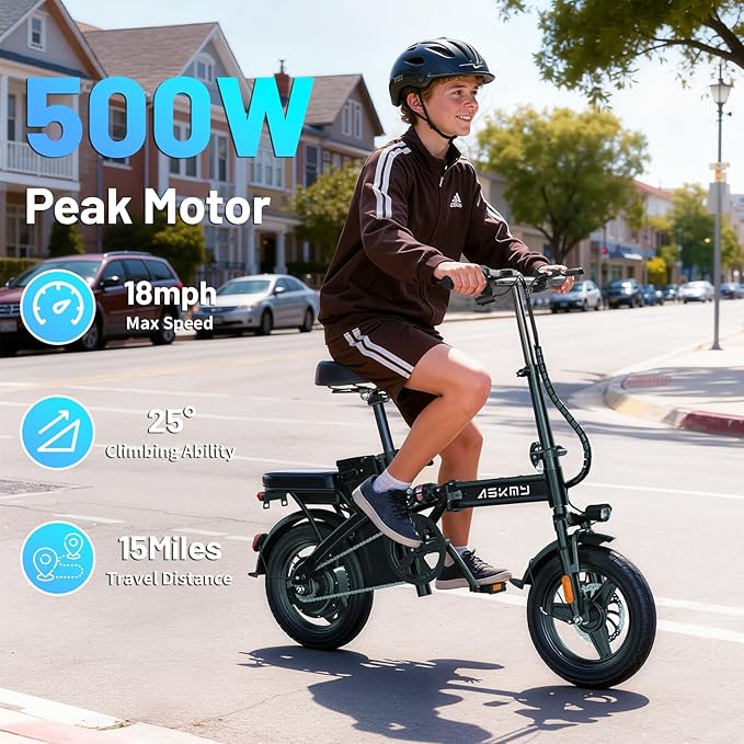 Foldable Electric Bike for Teens and Adults, 14 inch Mini E-Bike with 500W Peak Motor, 48V Removable Battery, Commute Electric Bicycle with 18MPH and 30-35 Miles PAS Range