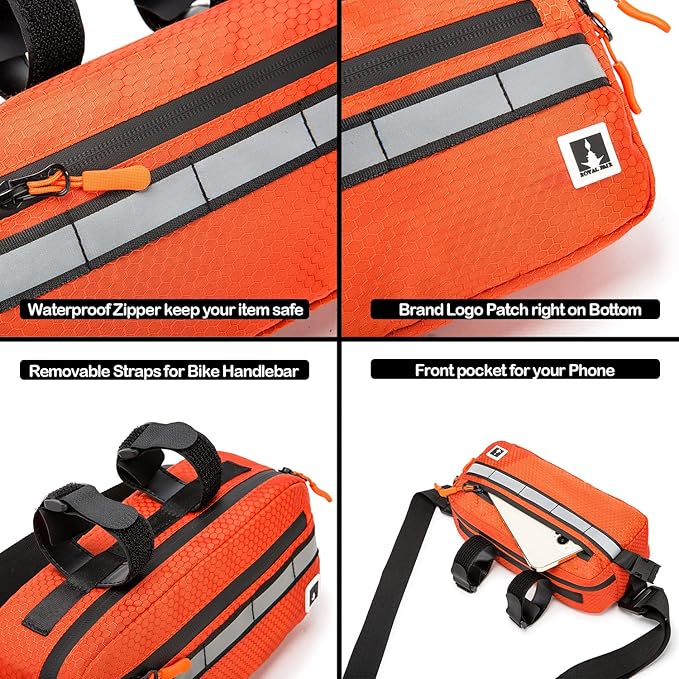 ROYALFAIR Waterproof Bike Handlebar Bag with Reflective Strips & Shoulder Strap, Bicycle Front Frame Storage Pouch for Mountain Road Cycling Commuting (Orange)