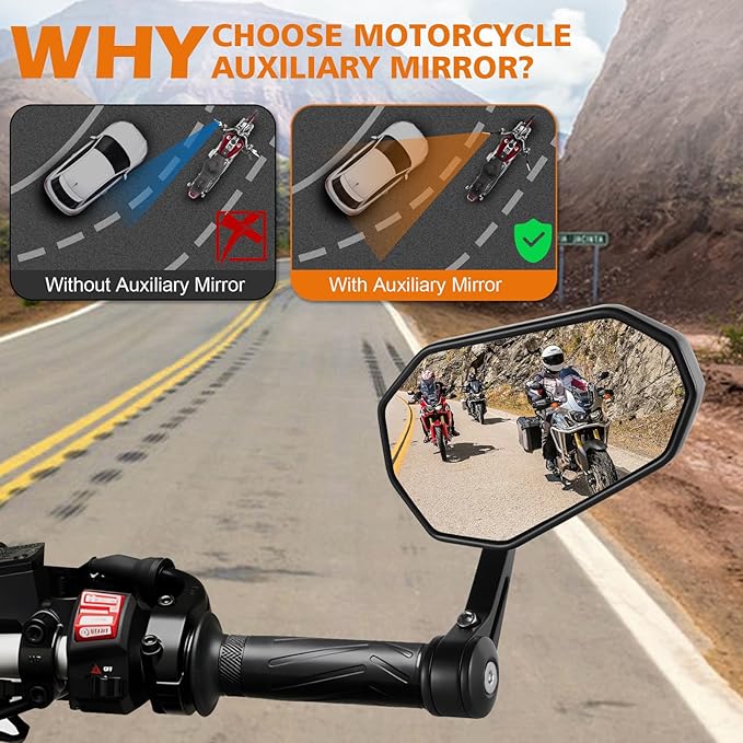 Motorcycle Side Mirrors Handle Mount Bar End Mirror, Universal Handlebar Rear View Bar End Mirrors for Motorcycles E-bike Scooters Snowmobile ATV