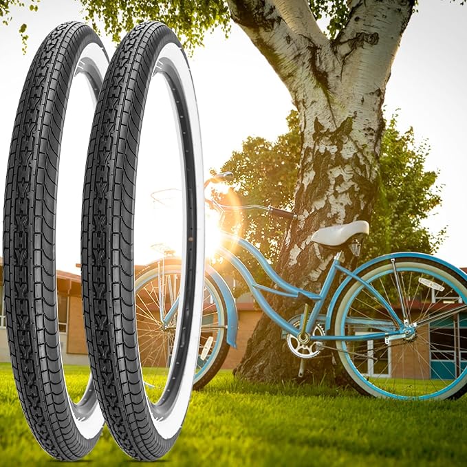 SIMEIQI 26x2.35 20x2.35 Inch Cruiser Beach Bike Tire Black White Wall or Brown Cream Wall Folding Replacement Bicycle Tire for Hybrid City Commuter Trail