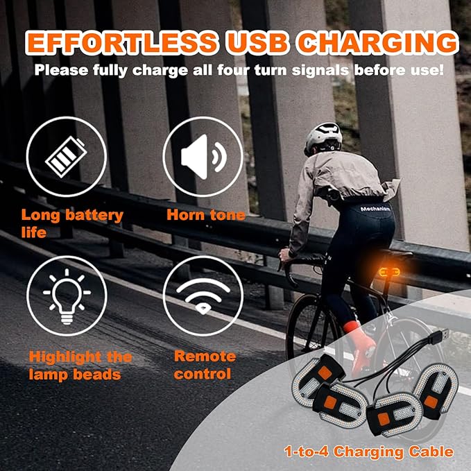 Bike Tail Light with Turn Signal, Bicycle Turn Signals Rear Bike Light Remote Control USB Rechargeable Split 5 Modes Waterproof Bike Taillights Can be Mounted on Front and Rear (4 PCS)