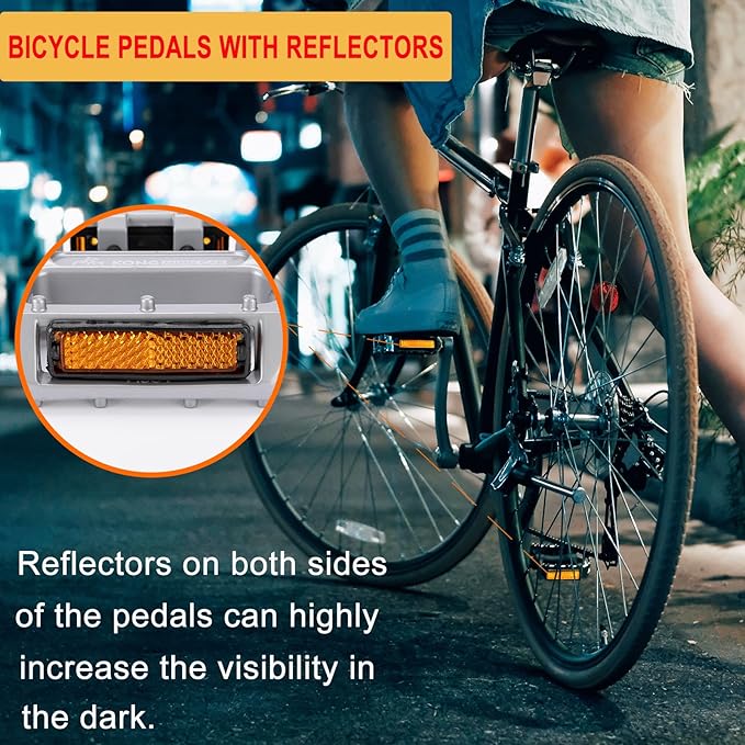 Mountain Bike Pedals 9/16 Inch - Bicycle Flat Pedals with Reflectors - Lightweight Aluminum Alloy Wide Platform Pedals for Mountain Bike, BMX, Road Bike Pedals