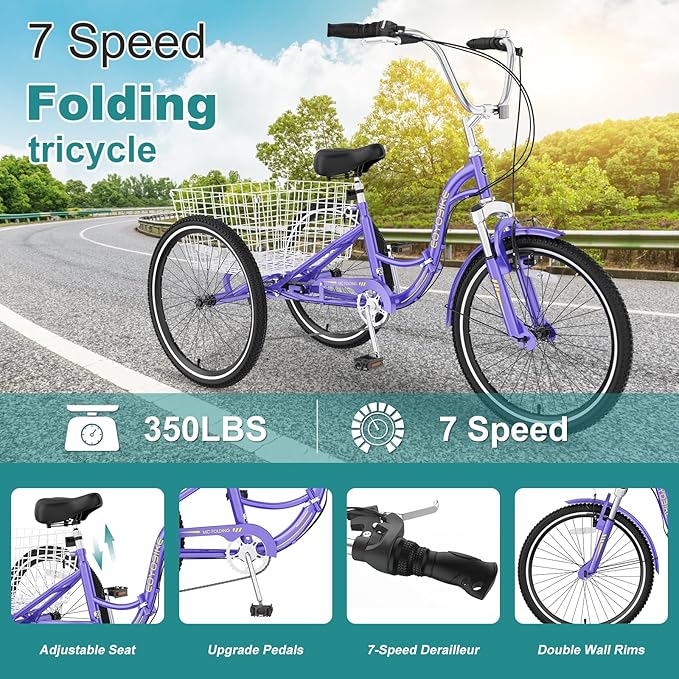MOPHOTO Adult Folding Tricycle, 7-Speed 3 Wheel Bike for Adults, Seniors, Women & Men, 20/24/26 Inch Low Step-Through Trike with Large Rear Cargo Basket, Adjustable Seat, Space-Saving Cruiser Bicycle