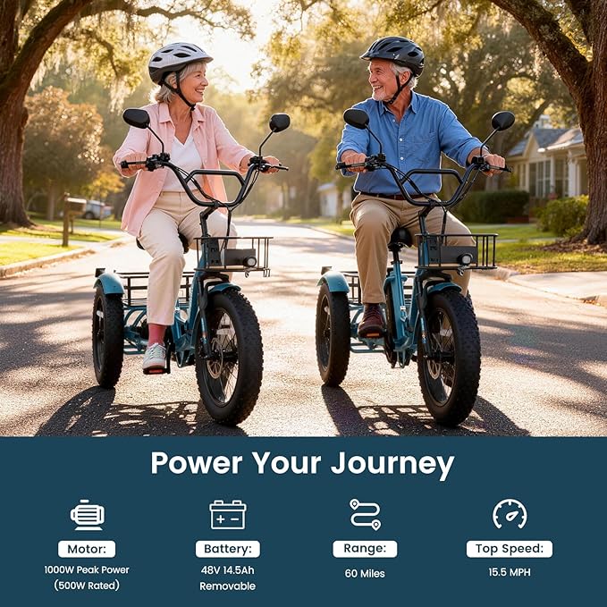 MOONCOOL 1000W 4" Fat Tire Electric Tricycle for Adults, 48V 14.5Ah All-Terrain Aluminum 20" E-Trike, Front Suspension, 7-Speed, 400lbs Max Payload