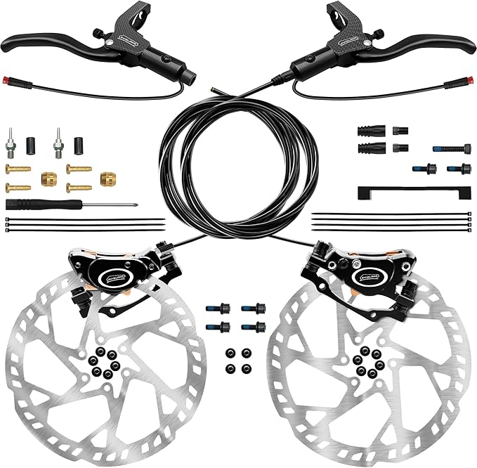 E-Bike Hydraulic Disc Brake Set 4-Pistons/2-Pistons,2-PIN/3-PIN Pre-Bled with Mineral Oil Brakes Kit,Front and Rear Set,180mm 2.3mm Thick Rotors