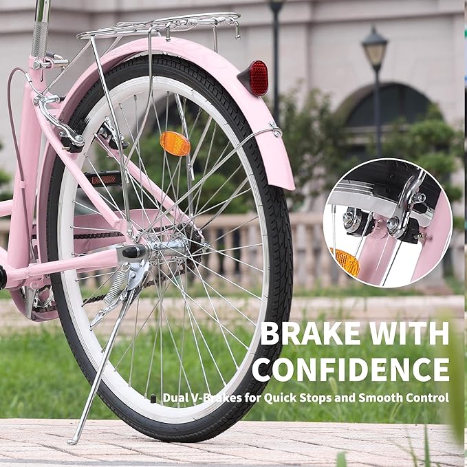 24/26 Inch Adult Comfort Bike for Women, Women Commuter Bicycle Single Speed with Rear Rack and Basket, Comfortable City Bikes Ergonomic Upright Design for Women, Men and Teens