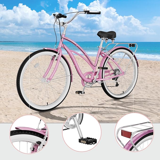 MOPHOTO 24" 26" Adult Bike 7-Speed Beach Cruiser Bike for Adults, Rear Rack, Fenders, Step-Through or Classic Frame