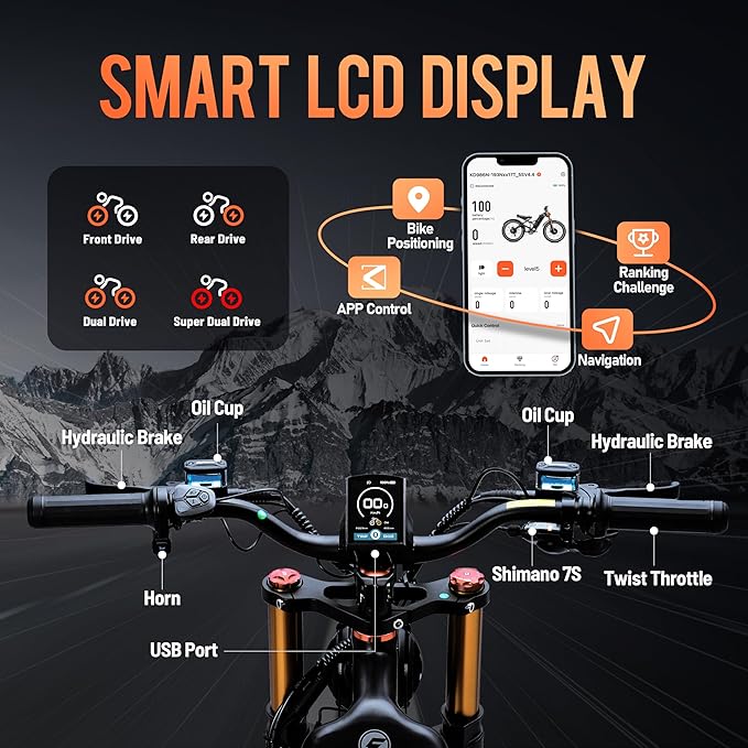(2025 Version) Eahora Romeo Pro 2 4000W Dual Motor Ebike,46MPH 52V 70AH Battery 200Miles Long Range Ebike,Full Suspension 26'' Fat Tire Electric Bike for Adults with APP Control