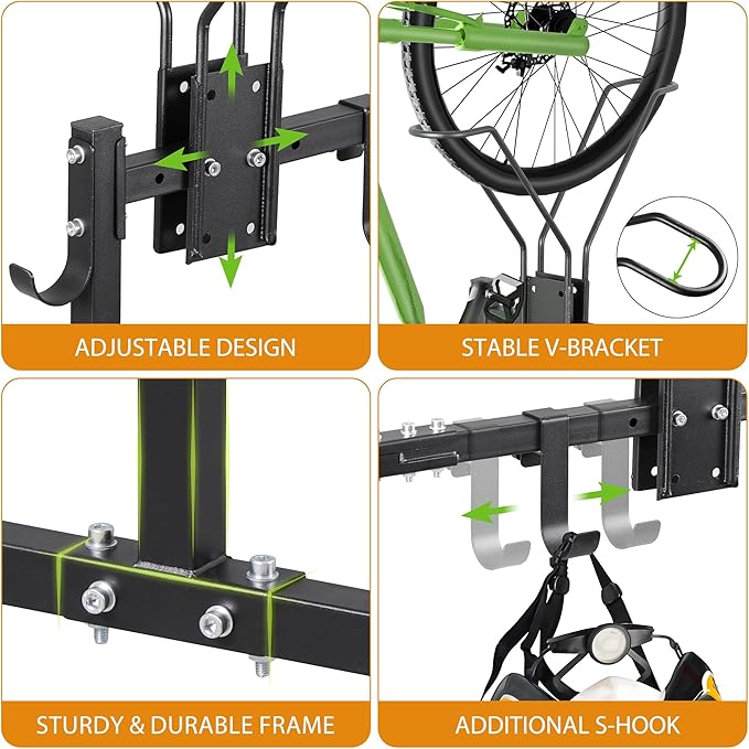 Cycle Storage Organizer Rack for 3 Bikes, Portable Bicycle Parking Rack with 4 Hooks, Bikes Floor Stand for Garage/Home/Indoor/Outdoor Use