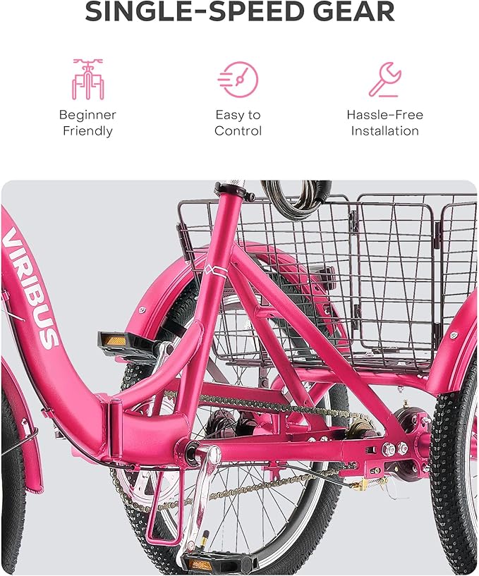 VIRIBUS Folding Tricycle for Adults, 20 inch Foldable Adult Tricycle 1 or 7 Speed Speed with Basket, Folding 3 Wheel Bikes for Adults Senior Women Men, Collapsible Mini Trike, Three Wheeler 330lb.