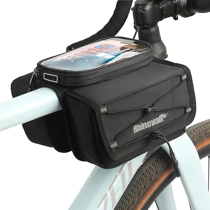 Rhinowalk Bike Frame Bag with Touch Screen Phone Pouch – Waterproof Bicycle Top Tube Bag with Rain Cover, Dual Side Storage for Cycling Accessories (Black)